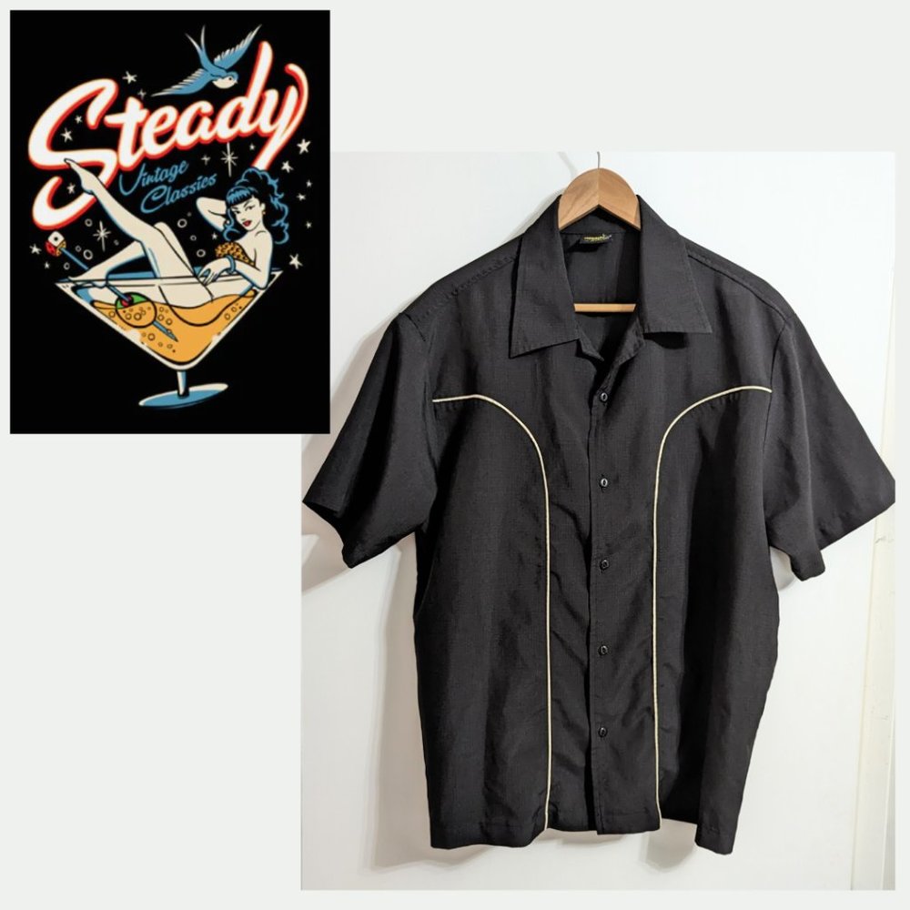 Steady Vintage Classics Black Bowling Shirt with White Piping Men's Size XL
